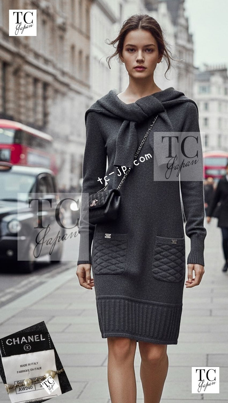 CHANEL 13A Charcoal Gray BOYCHANEL Cashmere Knit Dress 38 シャネル チャコール グレー ボーイシャネル カシミア ニット ワンピース 即発 - TC JAPAN