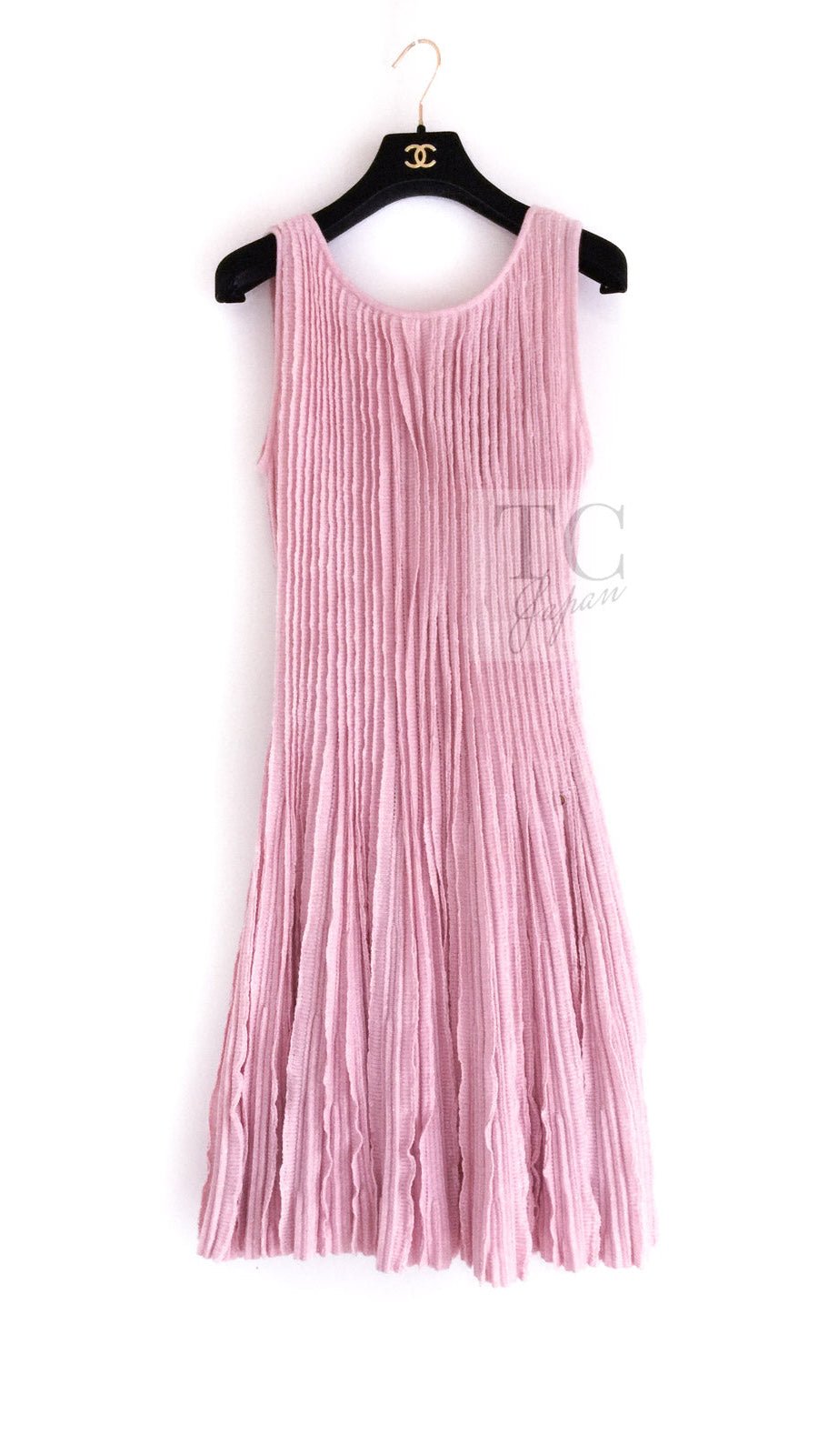 CHANEL 13C Pink Cashmere Linen Ruffle Knit A-Line Dress 34 シャネル ピンク カシミア リネン Aライン ニット ワンピース 即発