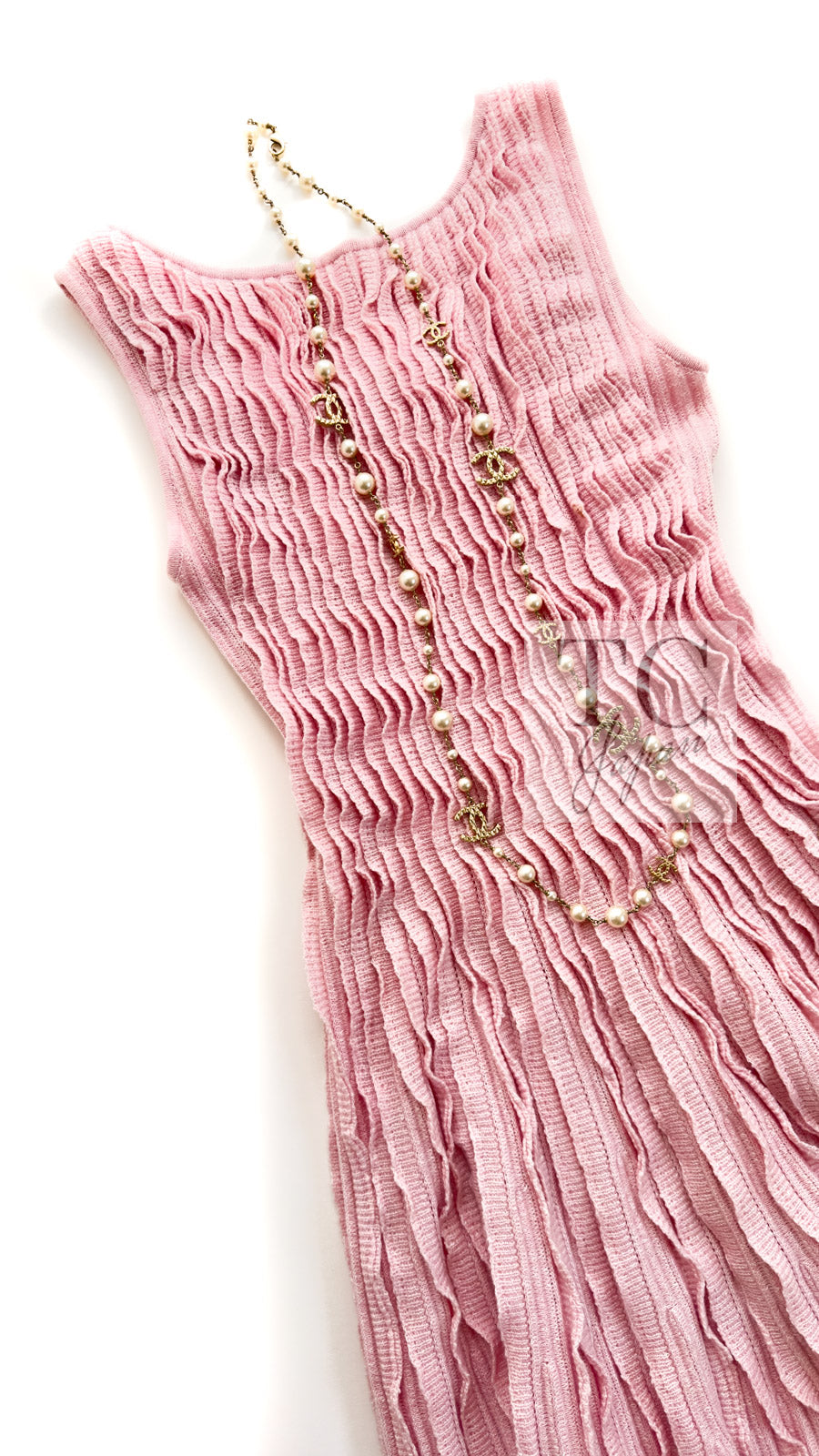 CHANEL 13C Pink Cashmere Linen Ruffle Knit A-Line Dress 34 シャネル ピンク カシミア リネン Aライン ニット ワンピース 即発