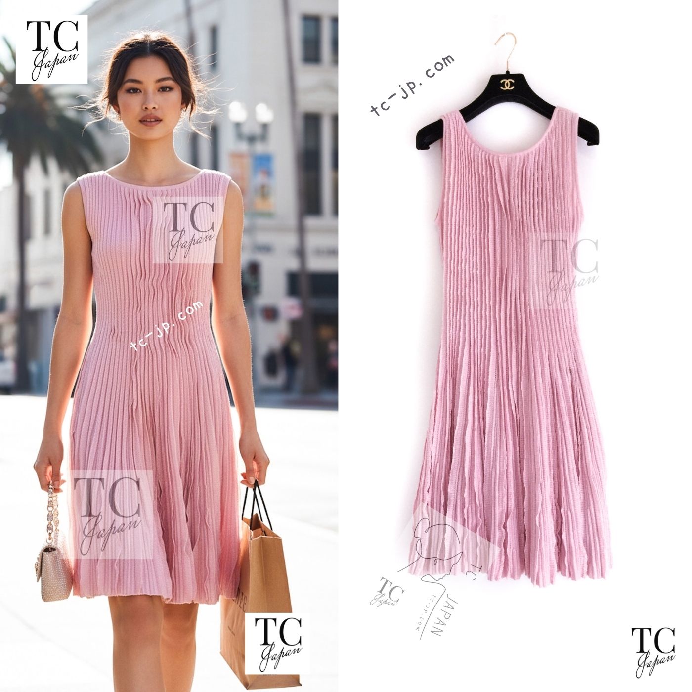 CHANEL 13C Pink Cashmere Linen Ruffle Knit A-Line Dress 34 シャネル ピンク カシミア リネン Aライン ニット ワンピース 即発