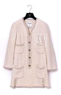 CHANEL Dress 11A Ivory Gold Chain Trim Wool Tweed 38 シャネル ワンピース アイボリー ゴールド チェーン トリム ウール ツイード