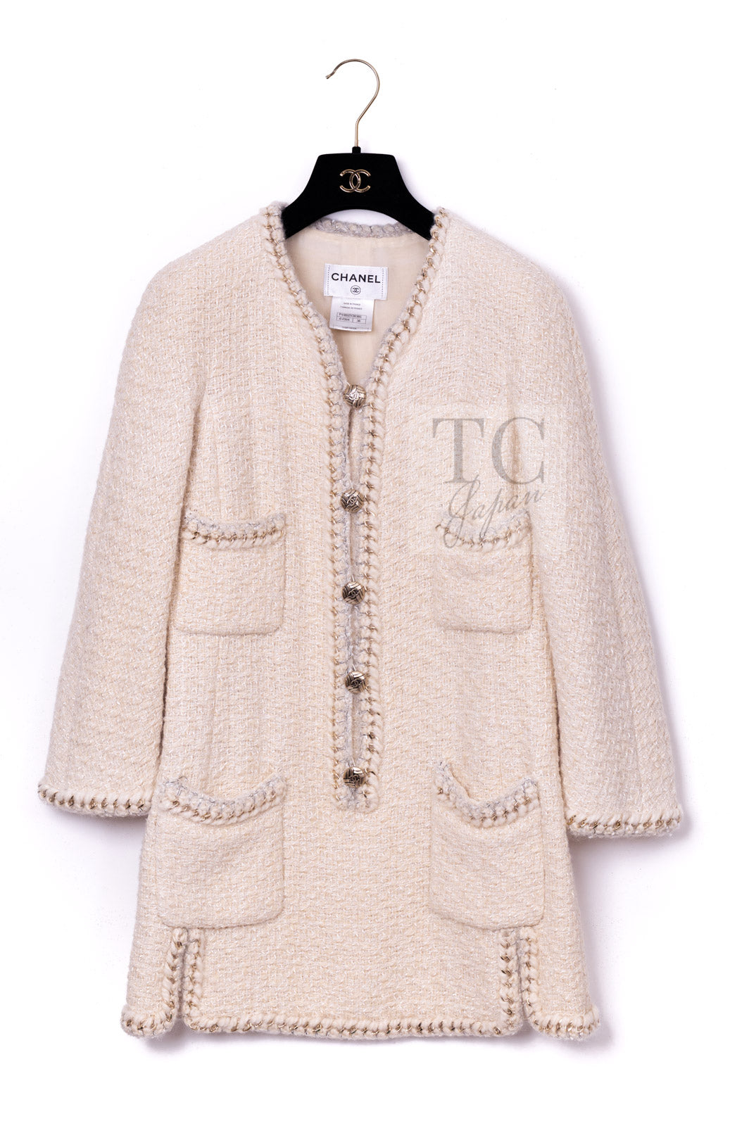 CHANEL Dress 11A Ivory Gold Chain Trim Wool Tweed 38 シャネル ワンピース アイボリー ゴールド チェーン トリム ウール ツイード