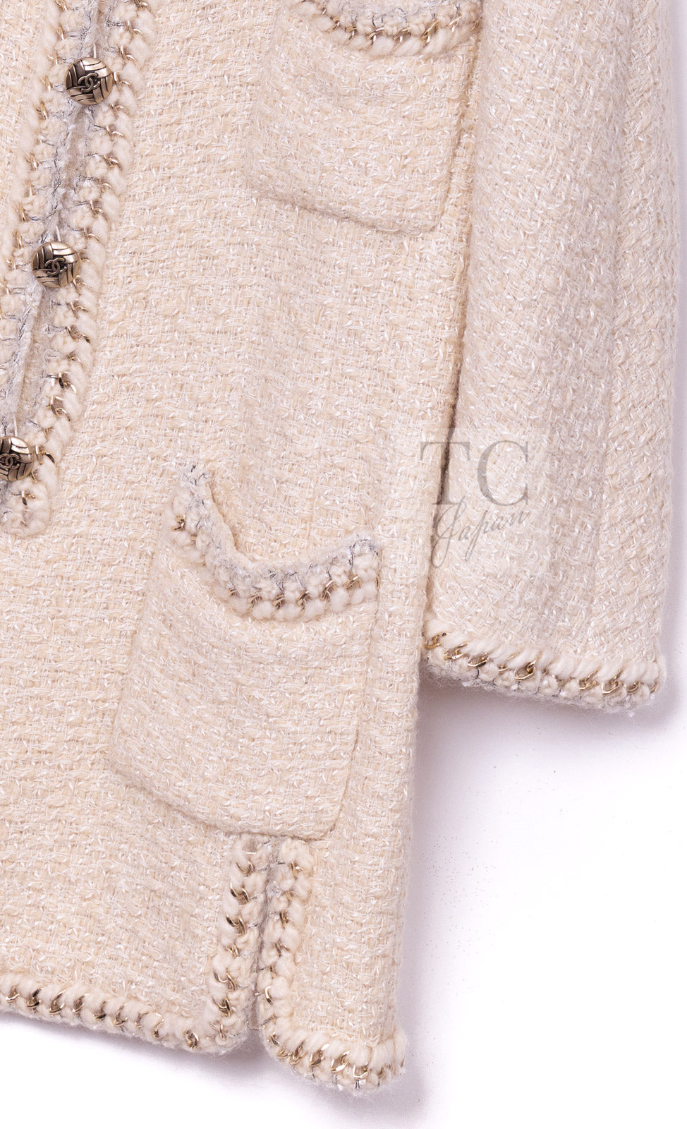 CHANEL Dress 11A Ivory Gold Chain Trim Wool Tweed 38 シャネル ワンピース アイボリー ゴールド チェーン トリム ウール ツイード