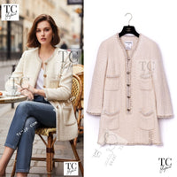 CHANEL Dress 11A Ivory Gold Chain Trim Wool Tweed 38 シャネル ワンピース アイボリー ゴールド チェーン トリム ウール ツイード