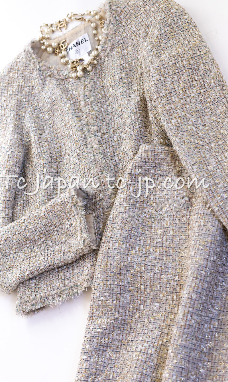 CHANEL 05S Beige Gold Silver Metallic Tweed Jacket Skirt Suit 40 42 シャネル ベージュ ゴールド メタリック ルサージュ ツイード ジャケット スカート スーツ 即発