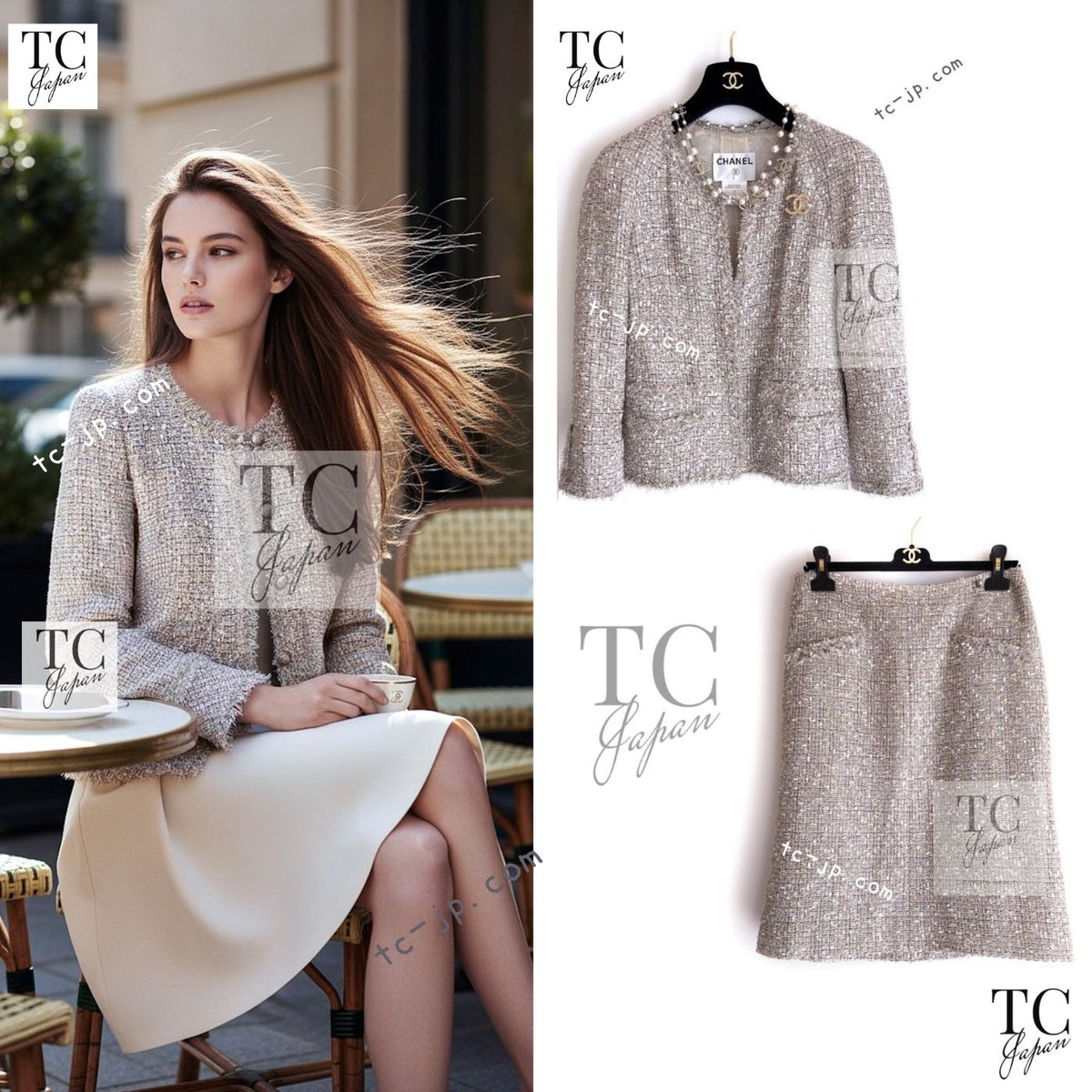 CHANEL 05S Beige Gold Silver Metallic Tweed Jacket Skirt Suit 38 44 46 1