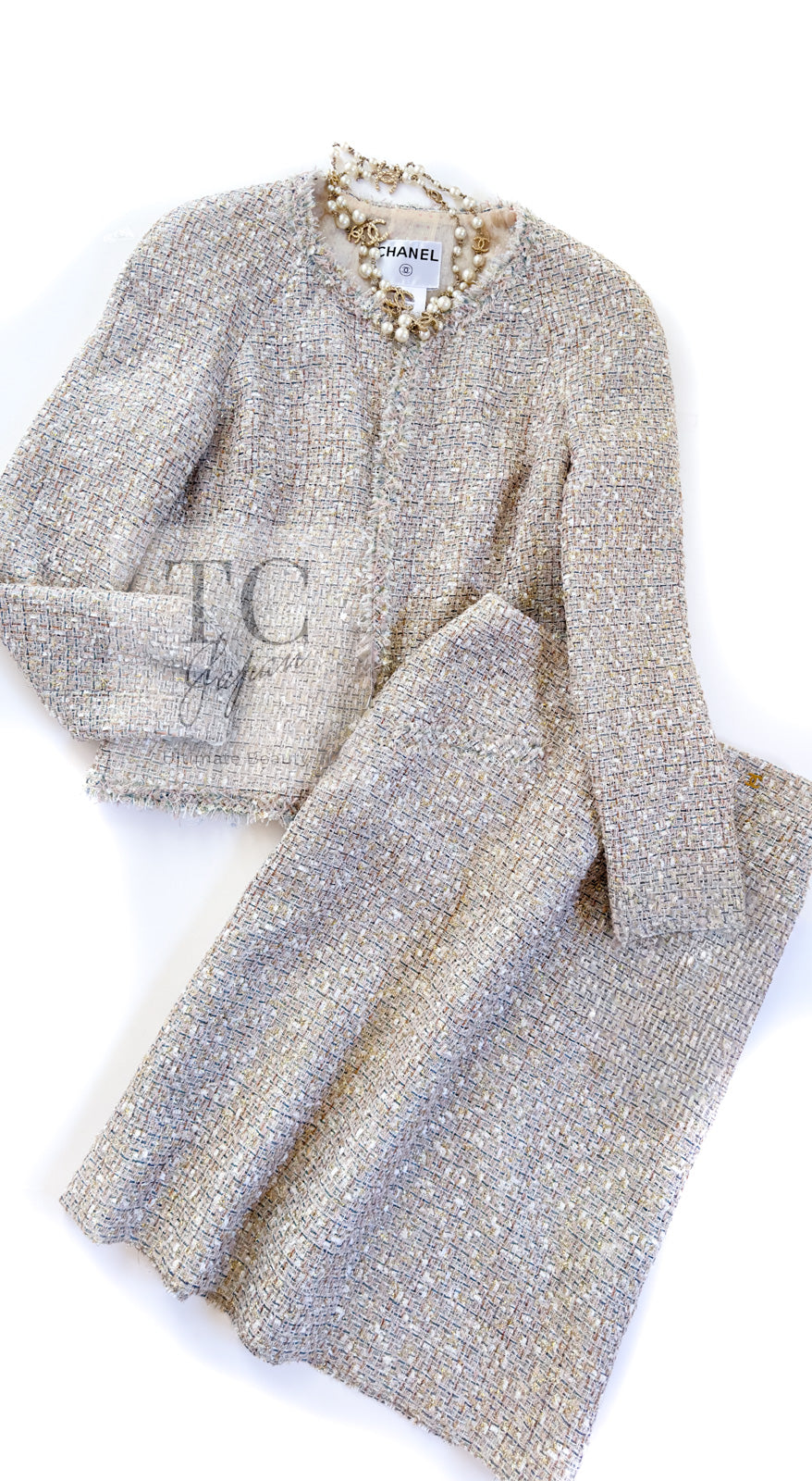 CHANEL 05S Beige Gold Silver Metallic Tweed Jacket Skirt Suit 44 46 シャネル ベージュ ゴールド メタリック ルサージュ ツイード ジャケット スカート スーツ 即発
