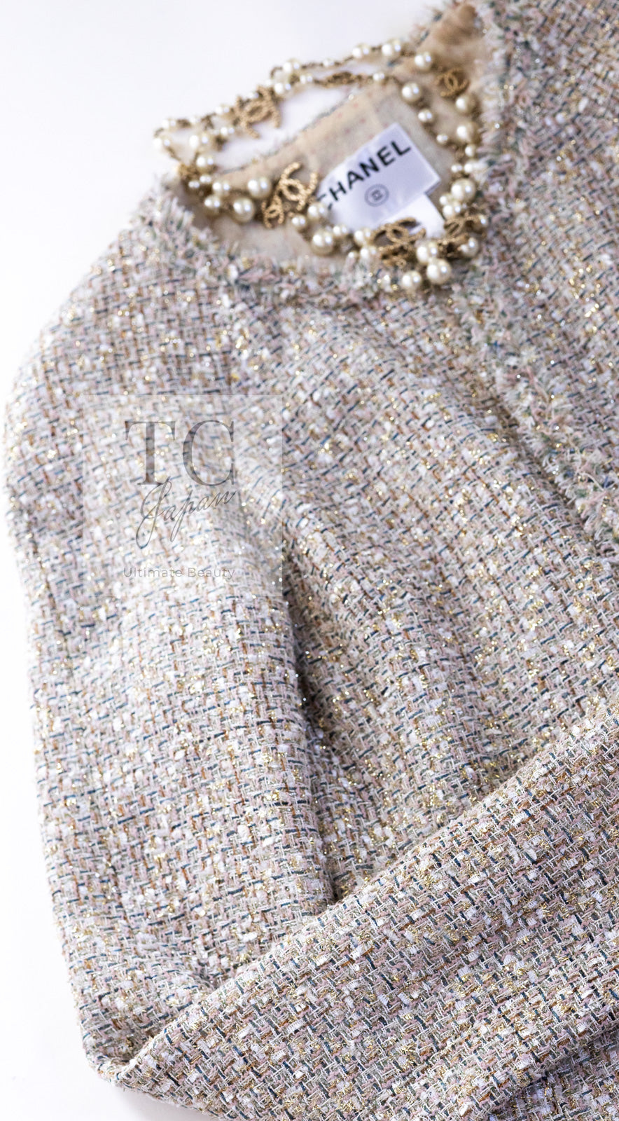 CHANEL 05S Beige Gold Silver Metallic Tweed Jacket Skirt Suit 44 46 シャネル ベージュ ゴールド メタリック ルサージュ ツイード ジャケット スカート スーツ 即発