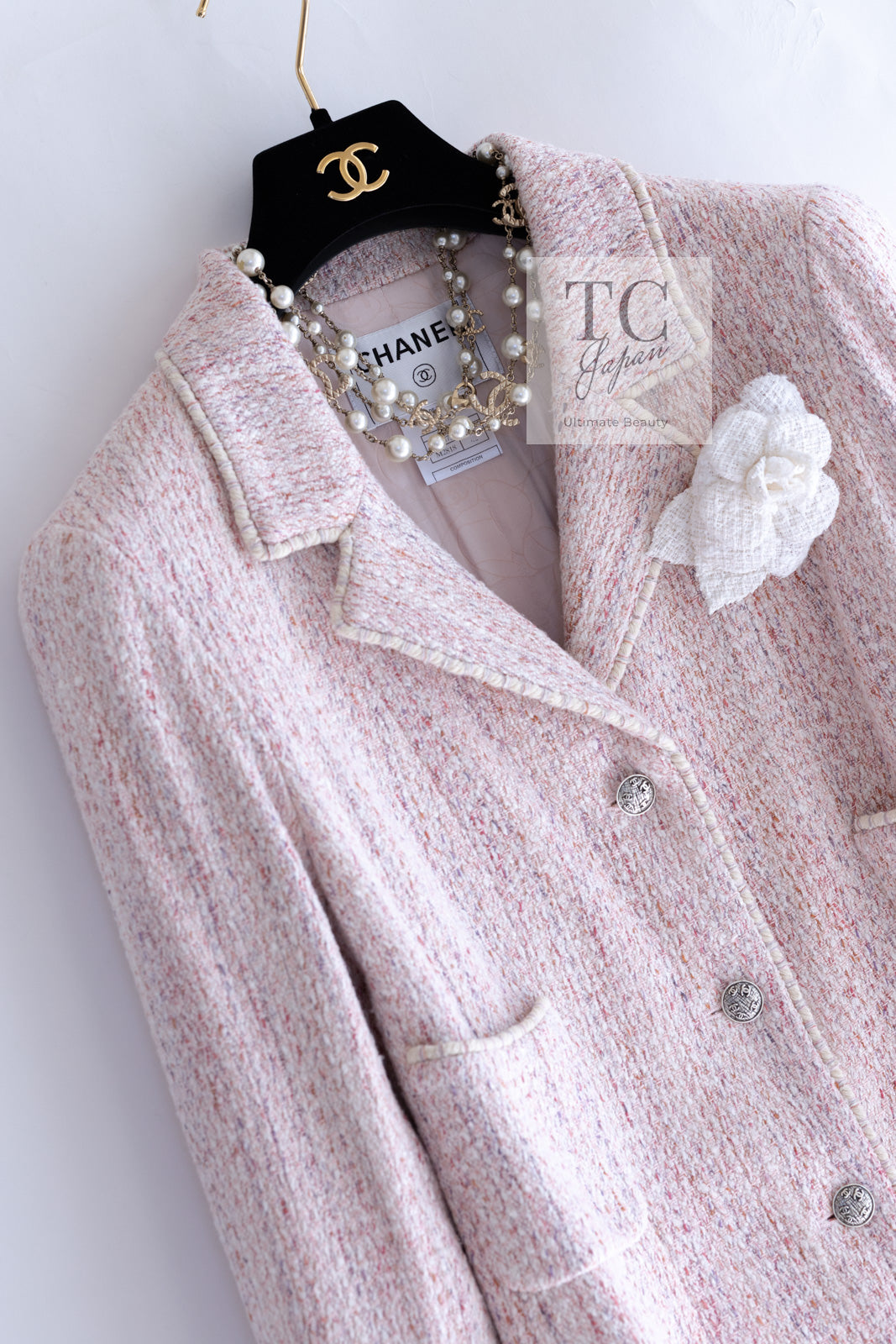 CHANEL 05C Pink Ivory Silk Cotton Tweed Jacket 40 シャネル ピンク アイボリー シルク コットン ツイード ジャケット 即発