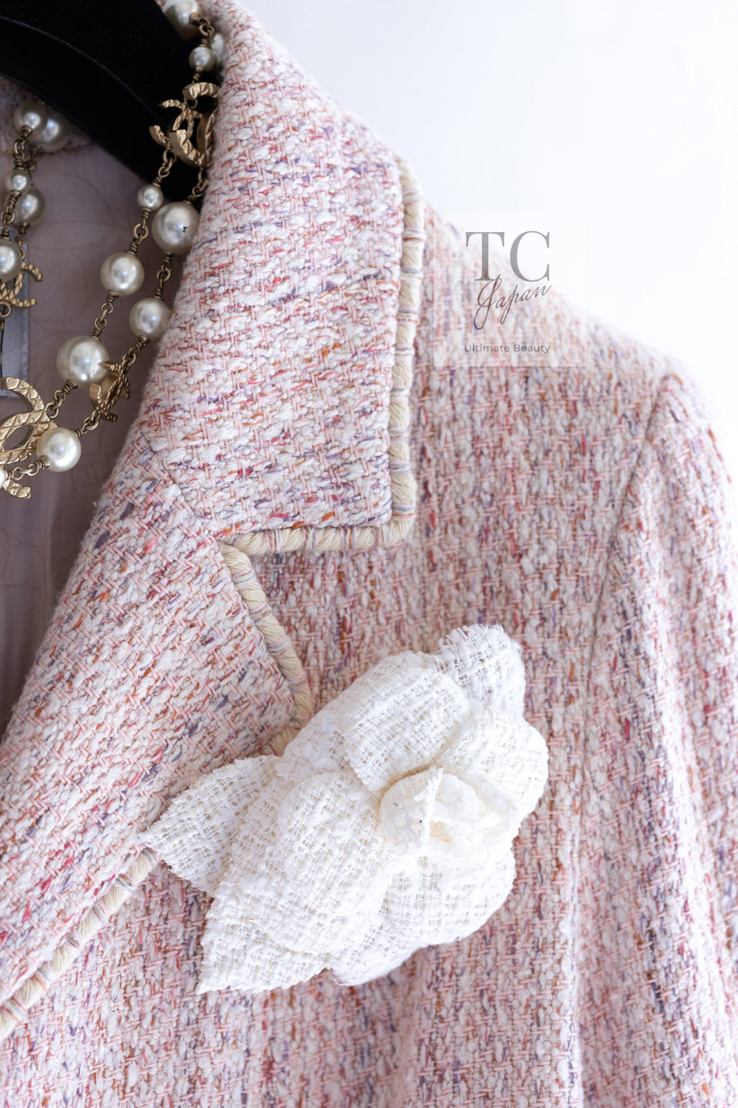 CHANEL 05C Pink Ivory Silk Cotton Tweed Jacket 40 シャネル ピンク アイボリー シルク コットン ツイード ジャケット 即発