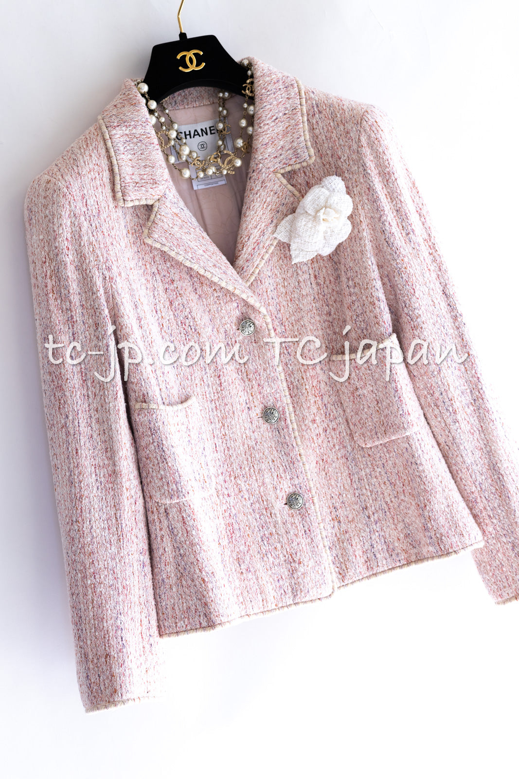 CHANEL 05C Pink Silk Cotton Tweed Jacket Skirt Suit 38 40 42 シャネル ピンク シルク  コットン ツイード ジャケット スカート スーツ 即発