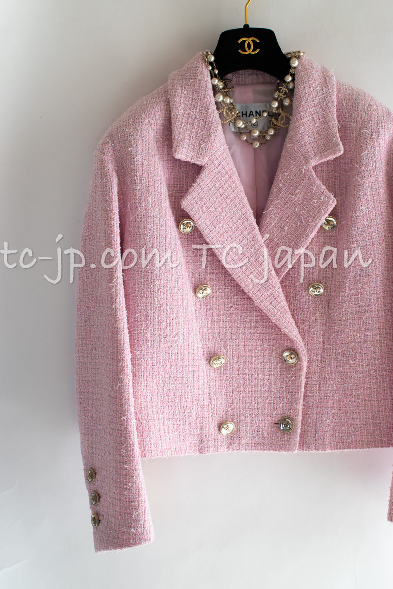 CHANEL 21S Light Pink Double Tweed Jacket 34 シャネル ライト ピンク ココボタン ダブル ツイード ジャケット 即発