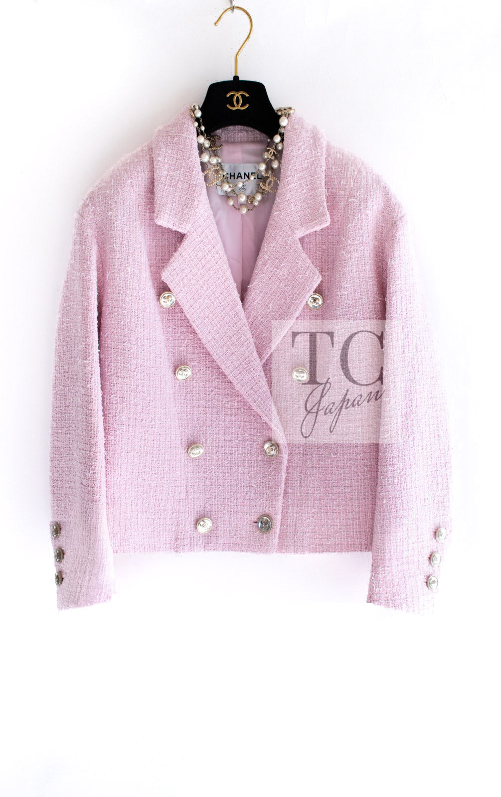 CHANEL 21S Light Pink Double Tweed Jacket 38 40 シャネル ライト ピンク ココボタン ダブル ツイード ジャケット 即発