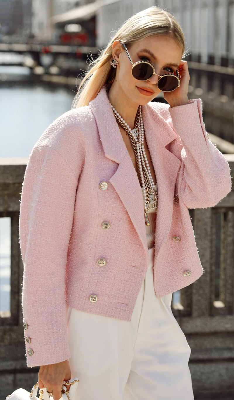 CHANEL 21S Light Pink Double Tweed Jacket 34 シャネル ライト ピンク ココボタン ダブル ツイード ジャケット 即発