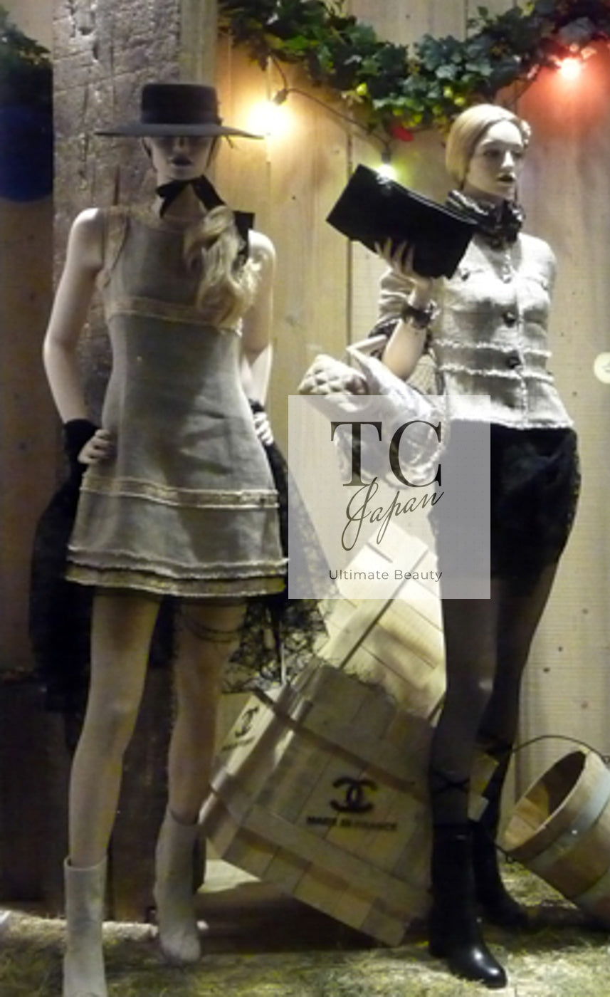 CHANEL 10S Beige Black Cotton Frilled Tweed Jacket 34 36-17