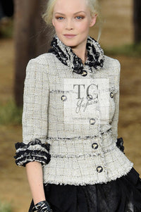 CHANEL 10S Beige Black Cotton Frilled Tweed Jacket 34 36-19