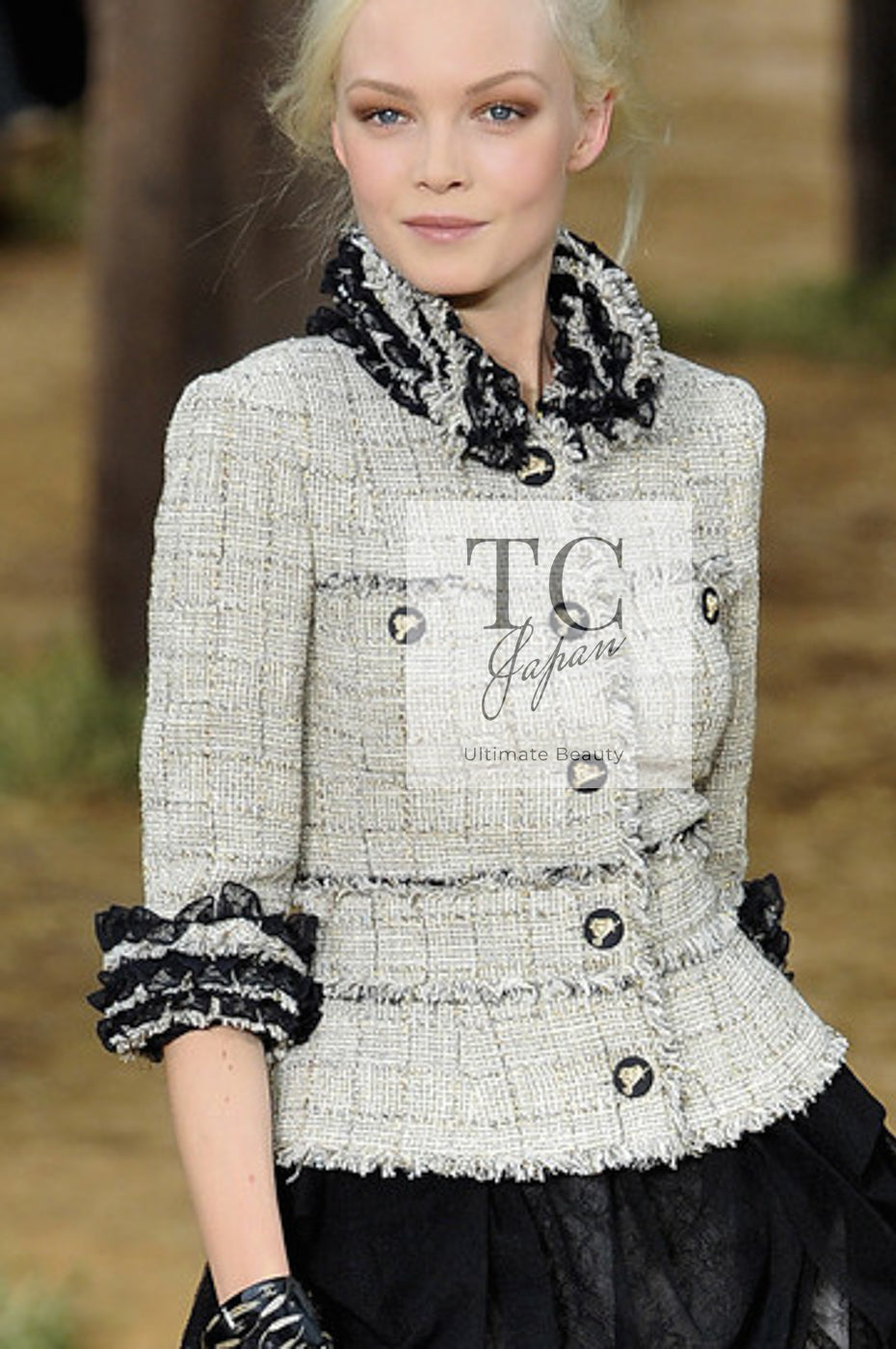CHANEL 10S Beige Black Cotton Frilled Tweed Jacket 34 36-19