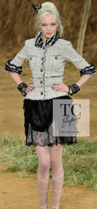 CHANEL 10S Beige Black Cotton Frilled Tweed Jacket 34 36-20