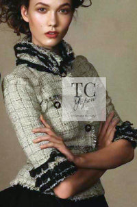 CHANEL 10S Beige Black Cotton Frilled Tweed Jacket 34 36-27
