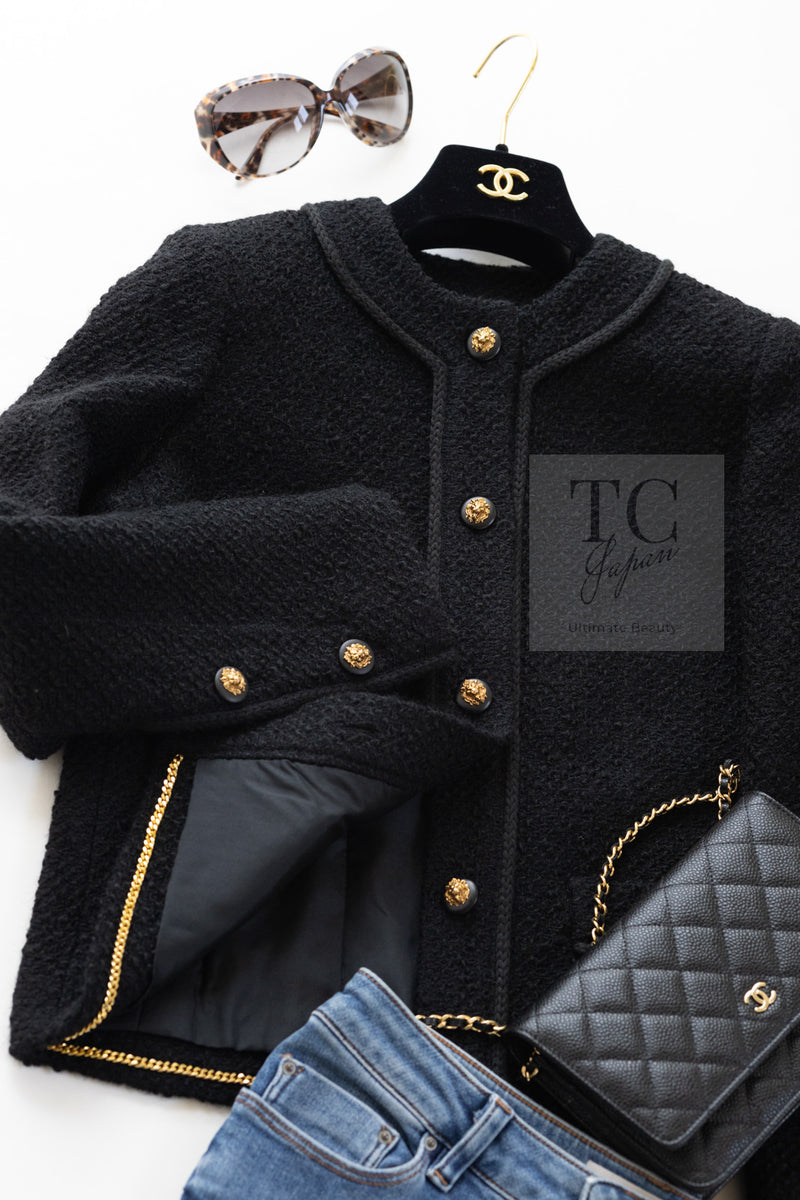 CHANEL Vintage Black Lion Buttons Tweed Jacket Skirt Suit 36 38 シャネル ヴィンテージ ブラック ライオンボタン ツイード ジャケット スカート スーツ 即発