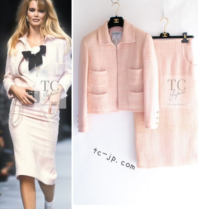 CHANEL 92S Vintage Baby Pink Camellia Buttons Boucle Tweed Jacket Skirt Suit 38 シャネル ヴィンテージ ベビーピンク カメリアボタン ウール ブークレ ツイード ジャケット スカート スーツ 即発