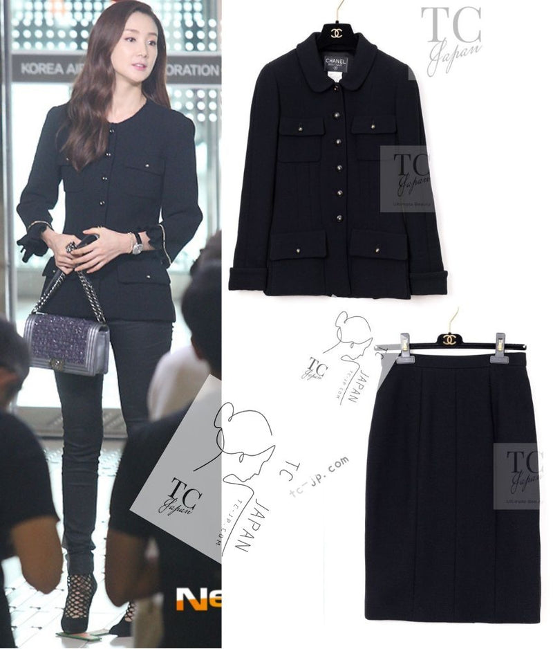 CHANEL 95A Vintage Black Hourglass Wool Jacket Skirt Suit 38 シャネル ヴィンテージ ブラック アワーグラス ウール ジャケット スカート スーツ 即発