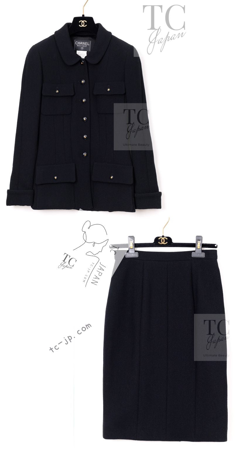 CHANEL 95A Vintage Black Hourglass Wool Jacket Skirt Suit 38 シャネル ヴィンテージ ブラック アワーグラス ウール ジャケット スカート スーツ 即発