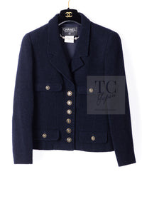 CHANEL 95A Vintage Dark Navy CC Buttons Wool Tweed Jacket Skirt Suit 44 シャネル ヴィンテージ ダーク ネイビー ココボタン ウール ダブル ツイード ジャケット スカート スーツ 即発