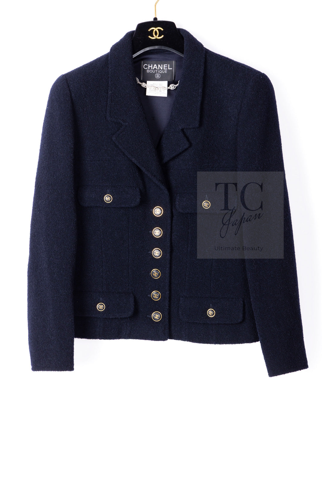 CHANEL 95A Vintage Dark Navy CC Buttons Wool Tweed Jacket Skirt Suit 44 シャネル ヴィンテージ ダーク ネイビー ココボタン ウール ダブル ツイード ジャケット スカート スーツ 即発