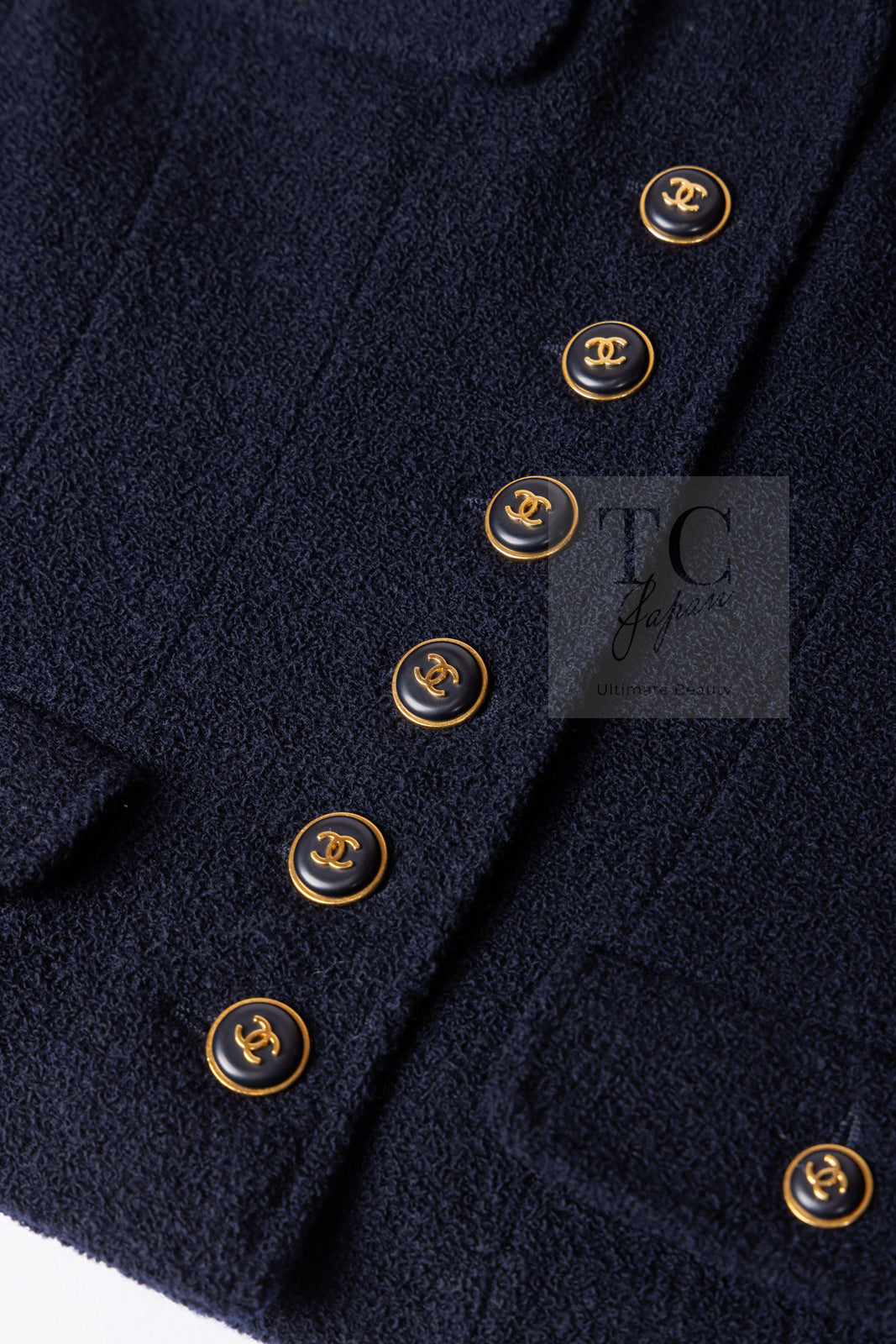 CHANEL 95A Vintage Dark Navy CC Buttons Wool Tweed Jacket Skirt Suit 44 シャネル ヴィンテージ ダーク ネイビー ココボタン ウール ダブル ツイード ジャケット スカート スーツ 即発