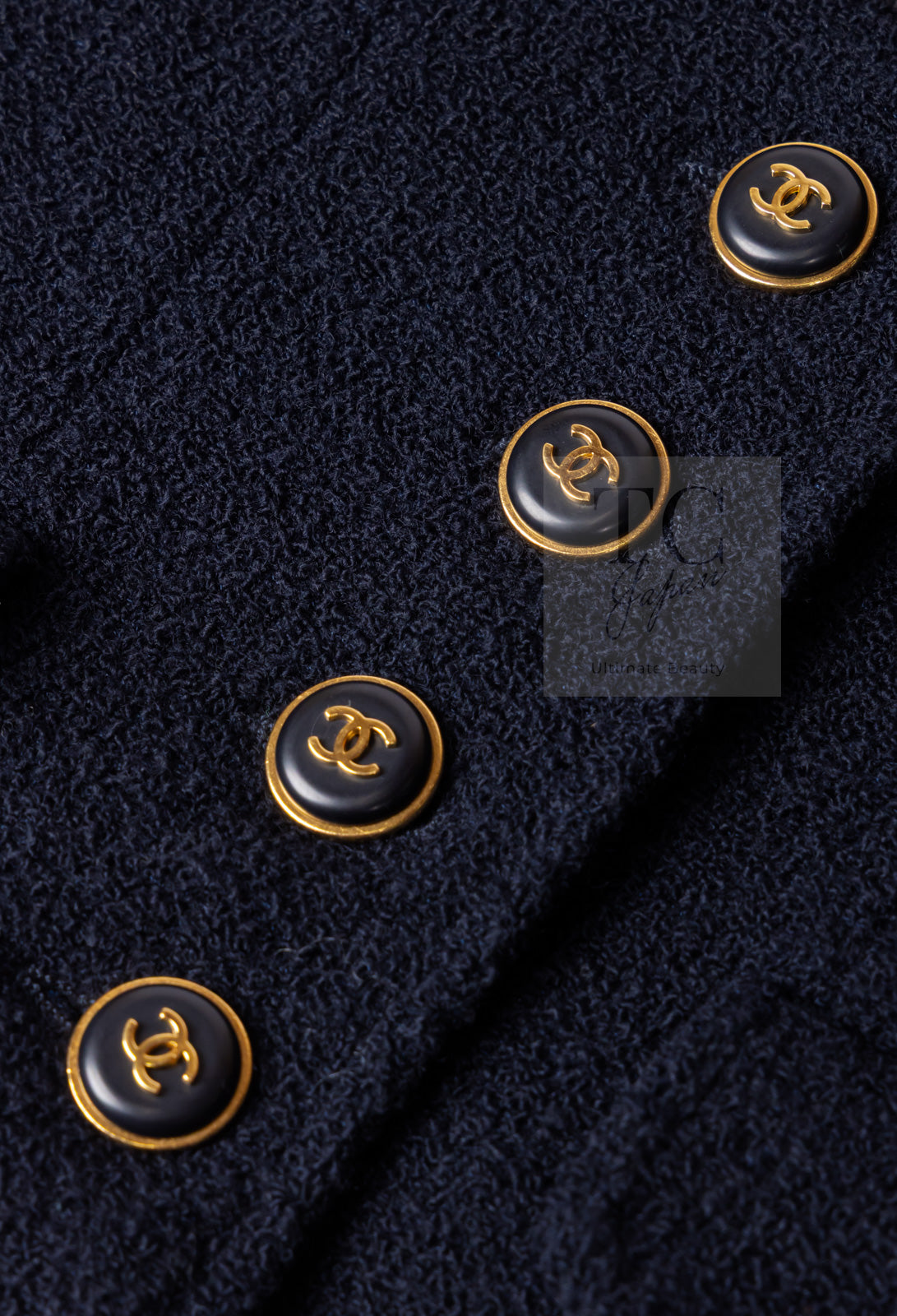 CHANEL 95A Vintage Dark Navy CC Buttons Wool Tweed Jacket Skirt Suit 44 シャネル ヴィンテージ ダーク ネイビー ココボタン ウール ダブル ツイード ジャケット スカート スーツ 即発
