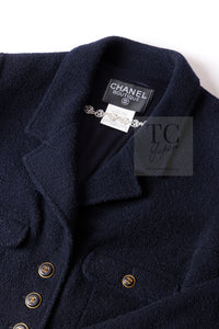 CHANEL 95A Vintage Dark Navy CC Buttons Wool Tweed Jacket Skirt Suit 44 シャネル ヴィンテージ ダーク ネイビー ココボタン ウール ダブル ツイード ジャケット スカート スーツ 即発