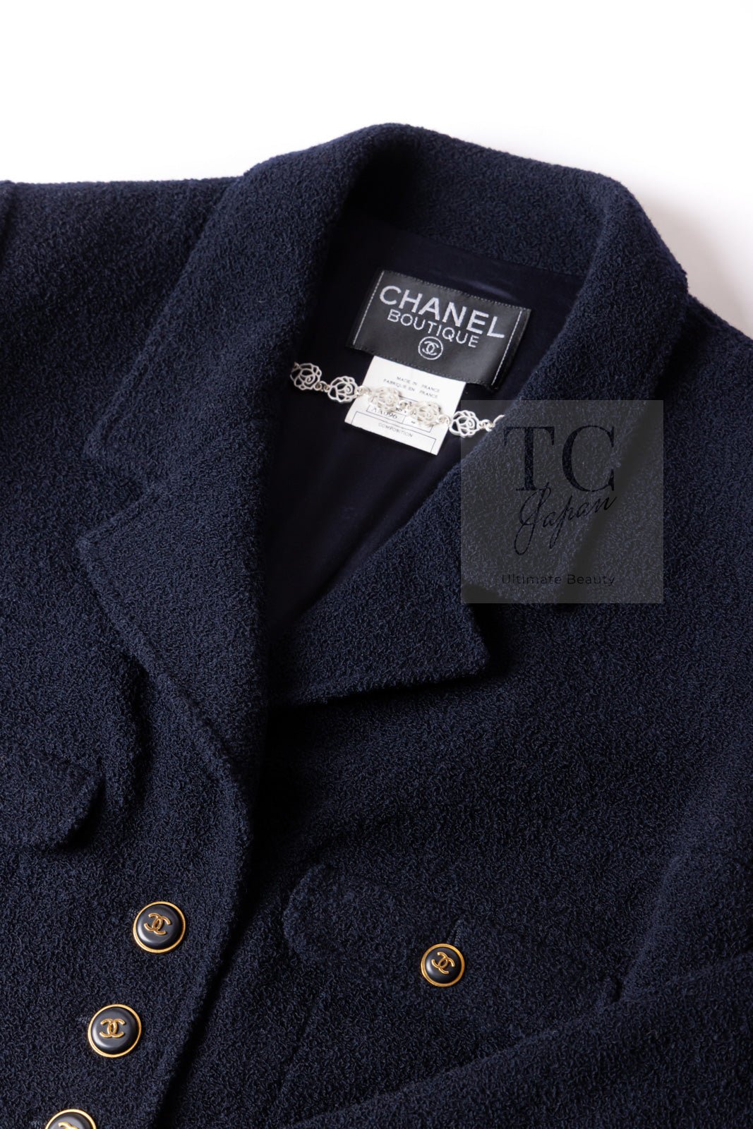 CHANEL 95A Vintage Dark Navy CC Buttons Wool Tweed Jacket Skirt Suit 44 シャネル ヴィンテージ ダーク ネイビー ココボタン ウール ダブル ツイード ジャケット スカート スーツ 即発