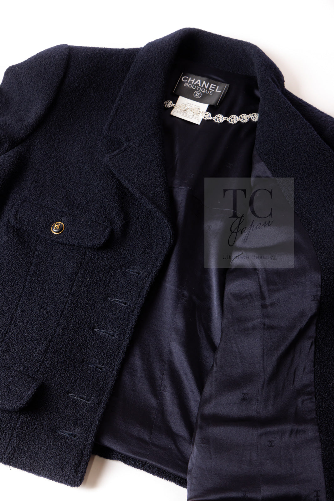 CHANEL 95A Vintage Dark Navy CC Buttons Wool Tweed Jacket Skirt Suit 44 シャネル ヴィンテージ ダーク ネイビー ココボタン ウール ダブル ツイード ジャケット スカート スーツ 即発