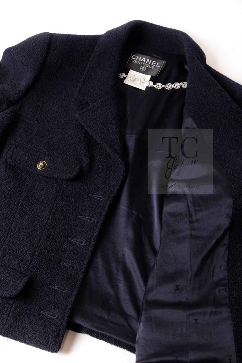 CHANEL 95A Vintage Dark Navy CC Buttons Wool Tweed Jacket Skirt Suit 44 シャネル ヴィンテージ ダーク ネイビー ココボタン ウール ダブル ツイード ジャケット スカート スーツ 即発