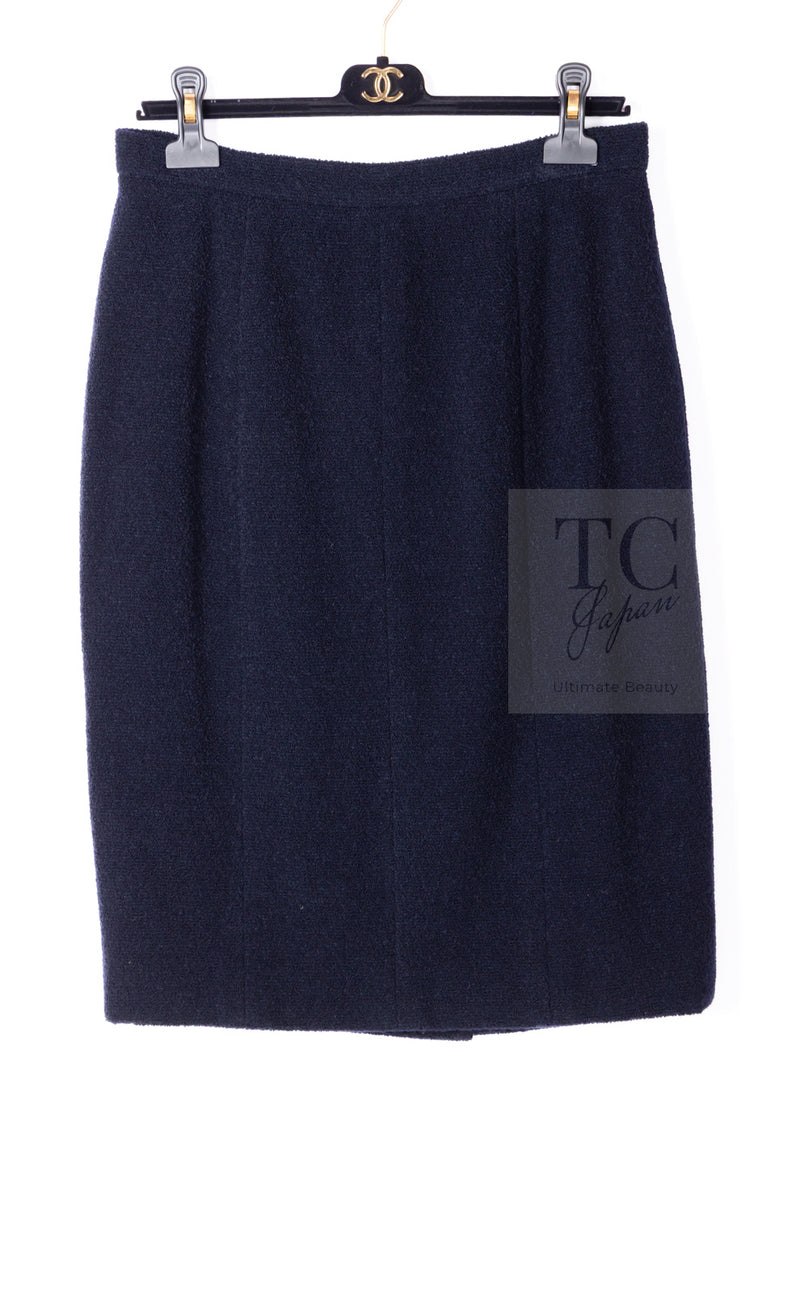 CHANEL 95A Vintage Dark Navy CC Buttons Wool Tweed Jacket Skirt Suit 44 シャネル ヴィンテージ ダーク ネイビー ココボタン ウール ダブル ツイード ジャケット スカート スーツ 即発