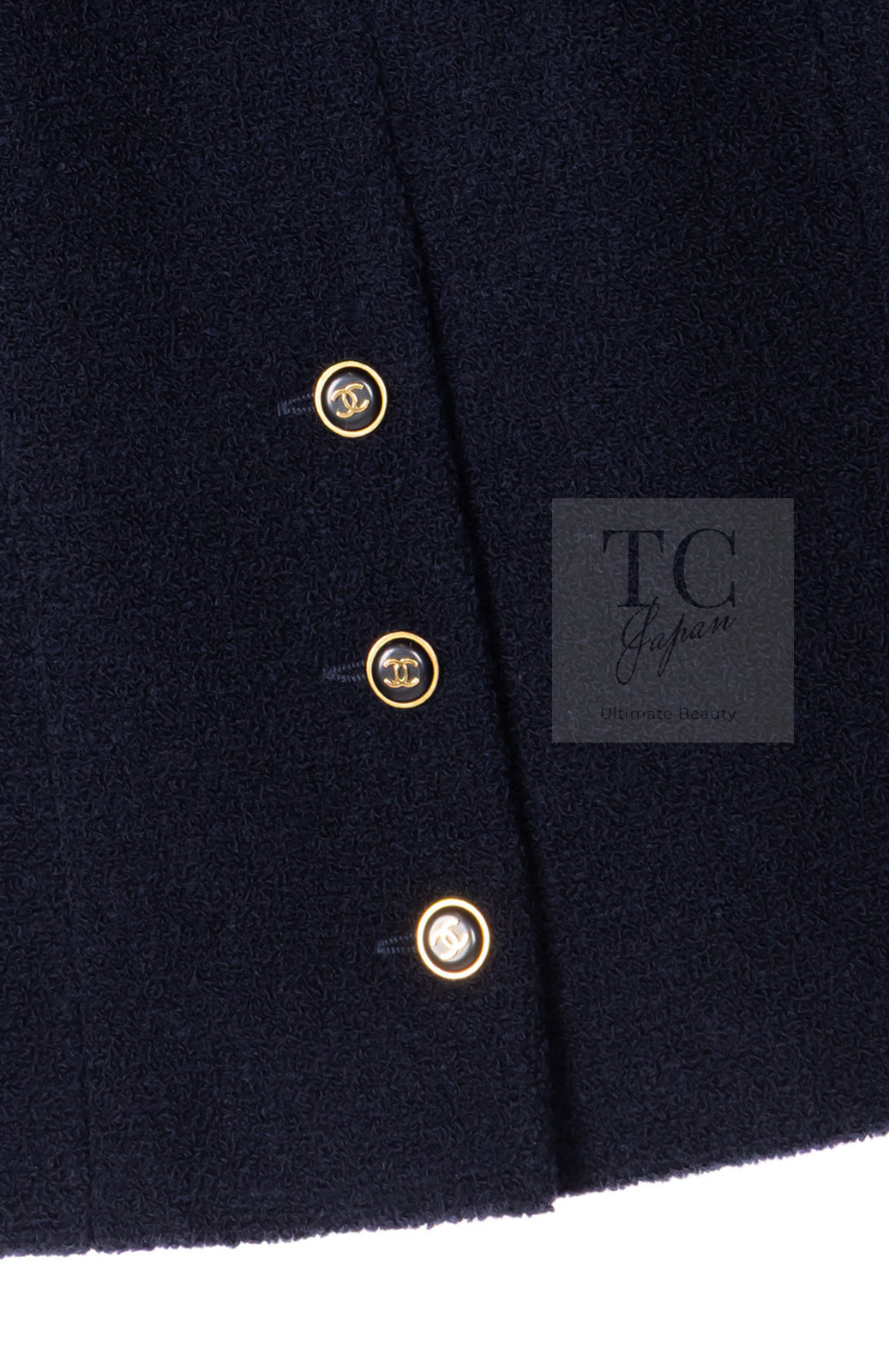 CHANEL 95A Vintage Dark Navy CC Buttons Wool Tweed Jacket Skirt Suit 44 シャネル ヴィンテージ ダーク ネイビー ココボタン ウール ダブル ツイード ジャケット スカート スーツ 即発
