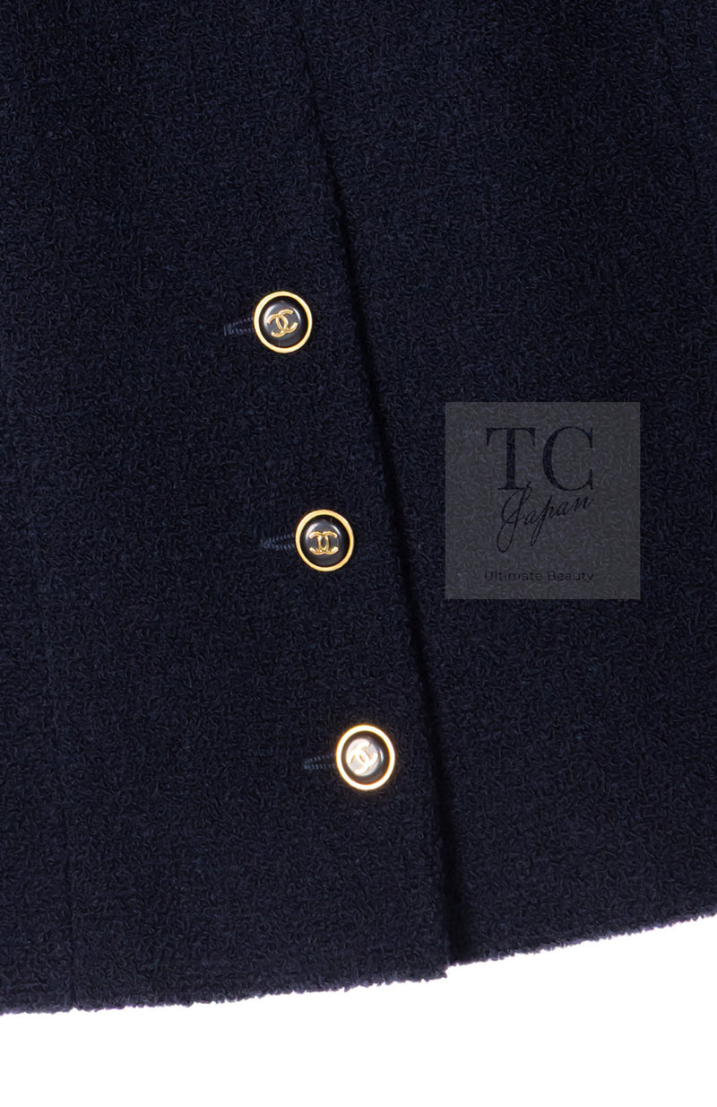 CHANEL 95A Vintage Dark Navy CC Buttons Wool Tweed Jacket Skirt Suit 44 シャネル ヴィンテージ ダーク ネイビー ココボタン ウール ダブル ツイード ジャケット スカート スーツ 即発