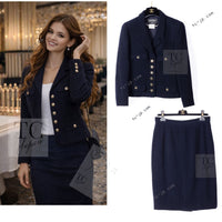 CHANEL 95A Vintage Dark Navy CC Buttons Wool Tweed Jacket Skirt Suit 44 シャネル ヴィンテージ ダーク ネイビー ココボタン ウール ダブル ツイード ジャケット スカート スーツ 即発