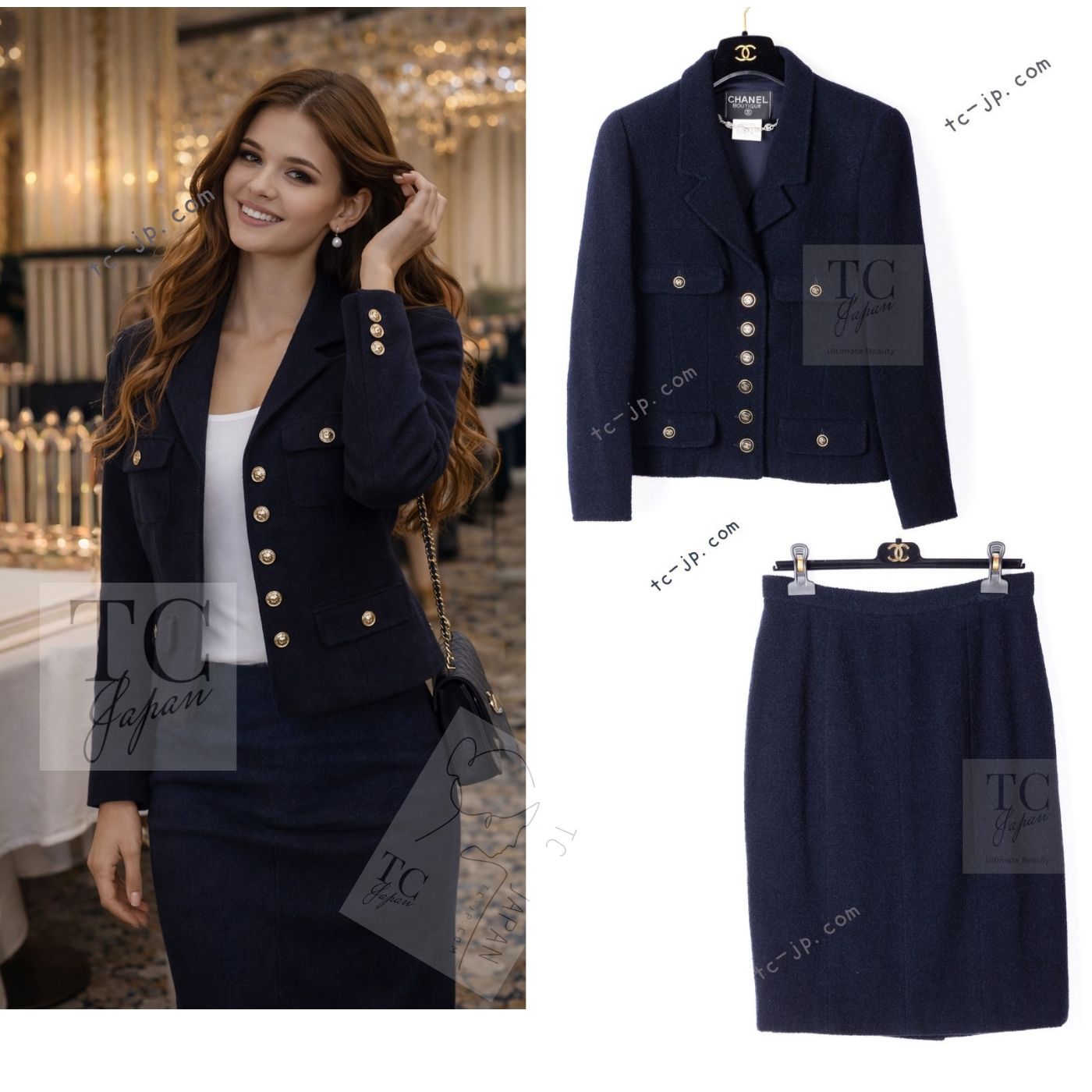 CHANEL 95A Vintage Dark Navy CC Buttons Wool Tweed Jacket Skirt Suit 44 シャネル ヴィンテージ ダーク ネイビー ココボタン ウール ダブル ツイード ジャケット スカート スーツ 即発