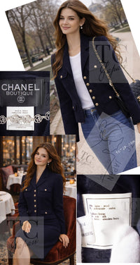 CHANEL 95A Vintage Dark Navy CC Buttons Wool Tweed Jacket Skirt Suit 44 シャネル ヴィンテージ ダーク ネイビー ココボタン ウール ダブル ツイード ジャケット スカート スーツ 即発