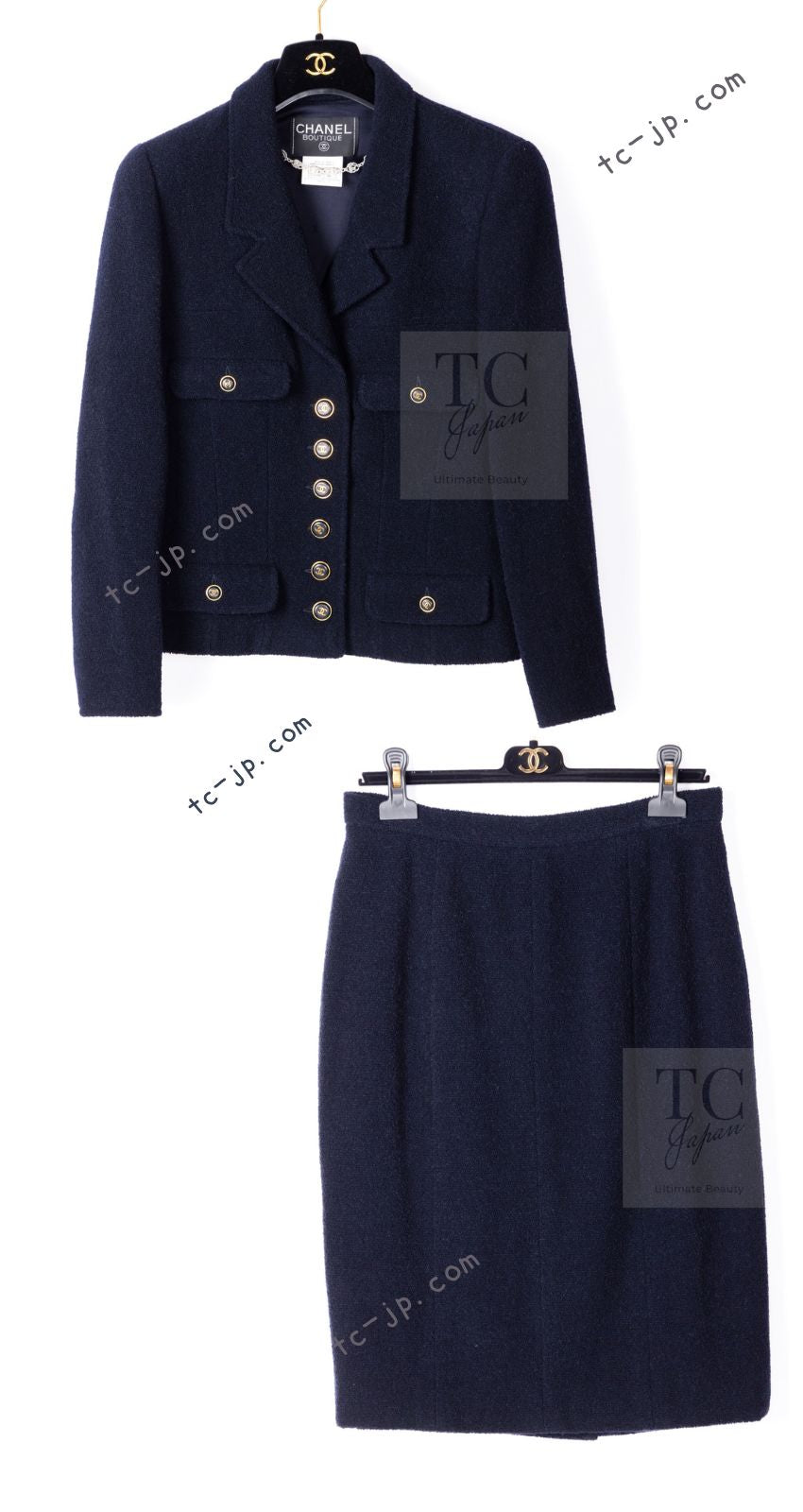 CHANEL 95A Vintage Dark Navy CC Buttons Wool Tweed Jacket Skirt Suit 44 シャネル ヴィンテージ ダーク ネイビー ココボタン ウール ダブル ツイード ジャケット スカート スーツ 即発
