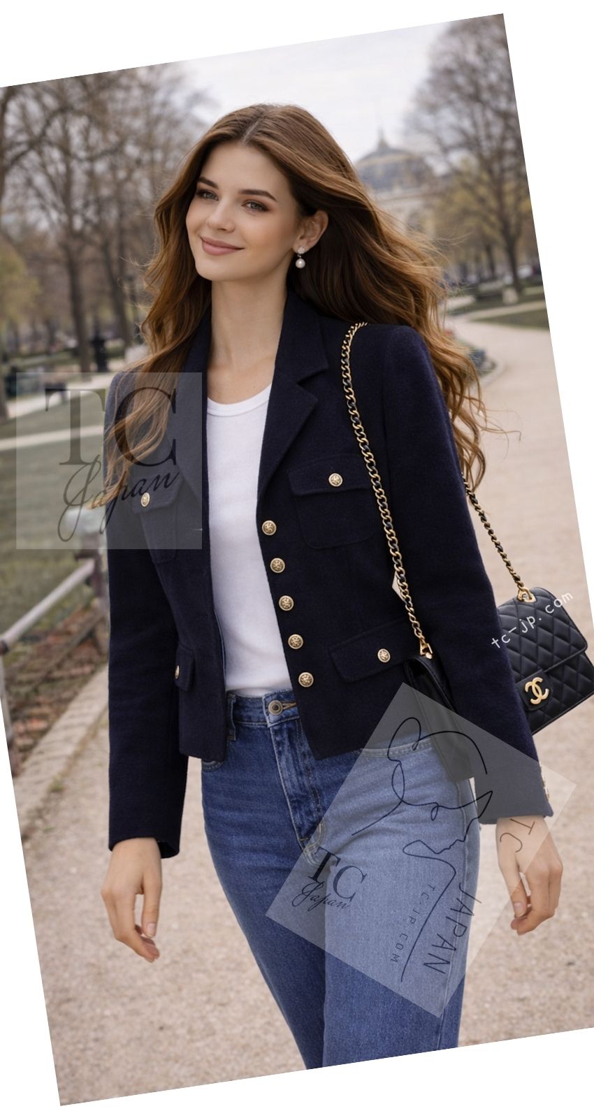 CHANEL 95A Vintage Dark Navy CC Buttons Wool Tweed Jacket Skirt Suit 44 シャネル ヴィンテージ ダーク ネイビー ココボタン ウール ダブル ツイード ジャケット スカート スーツ 即発