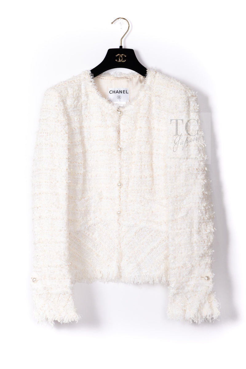 CHANEL 05S Ivory White Pearl Buttons Lesage Tweed Jacket Skirt Suit 40 42 シャネル アイボリー ホワイト パール CC ボタン ルサージュ ツイード ジャケット スカート スーツ 即発