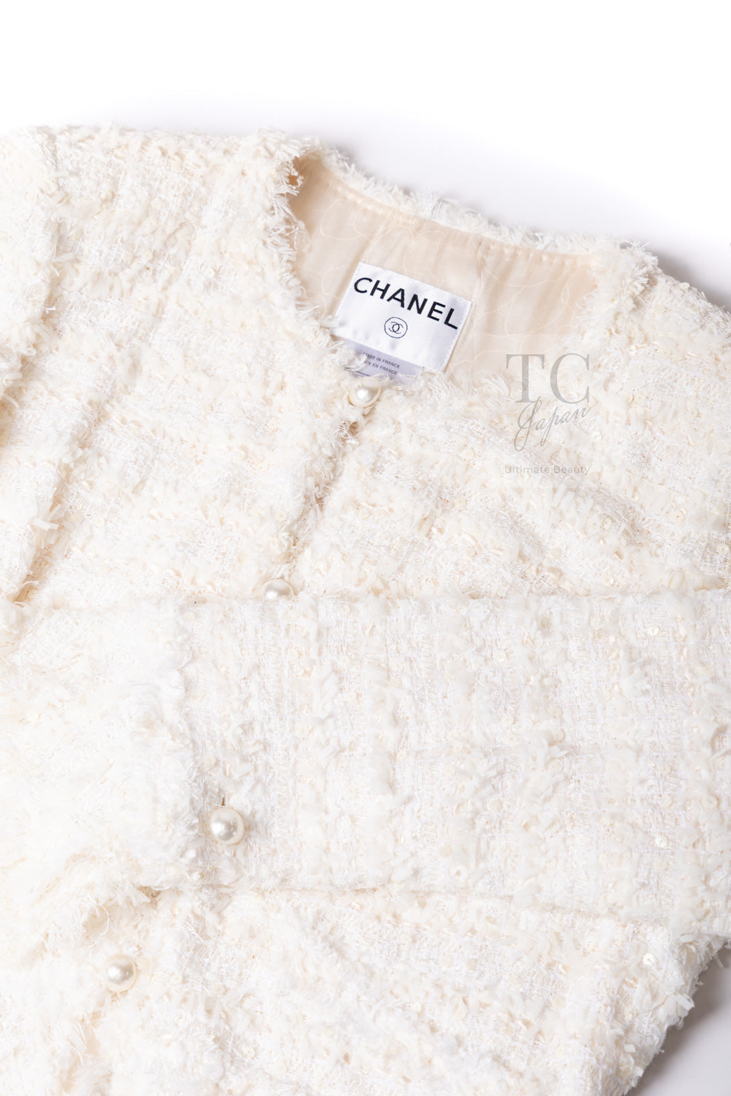 CHANEL 05S Ivory White Pearl Buttons Lesage Tweed Jacket Skirt Suit 40 42 シャネル アイボリー ホワイト パール CC ボタン ルサージュ ツイード ジャケット スカート スーツ 即発