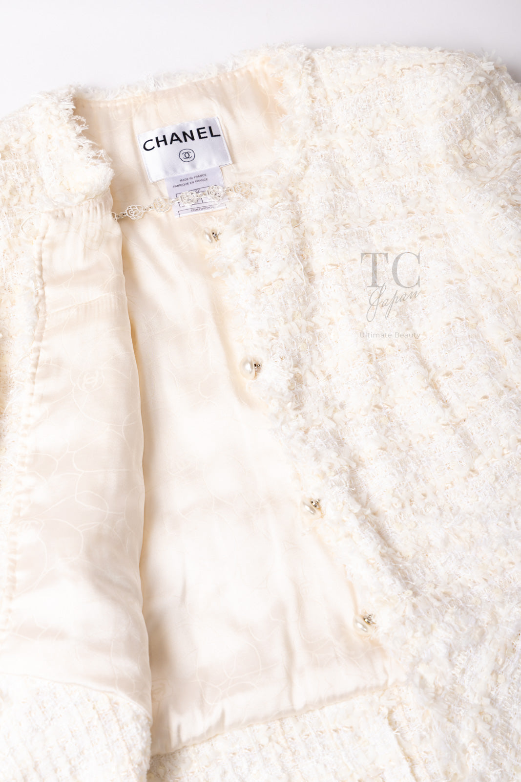 CHANEL 05S Ivory White Pearl Buttons Lesage Tweed Jacket Skirt Suit 40 42 シャネル アイボリー ホワイト パール CC ボタン ルサージュ ツイード ジャケット スカート スーツ 即発