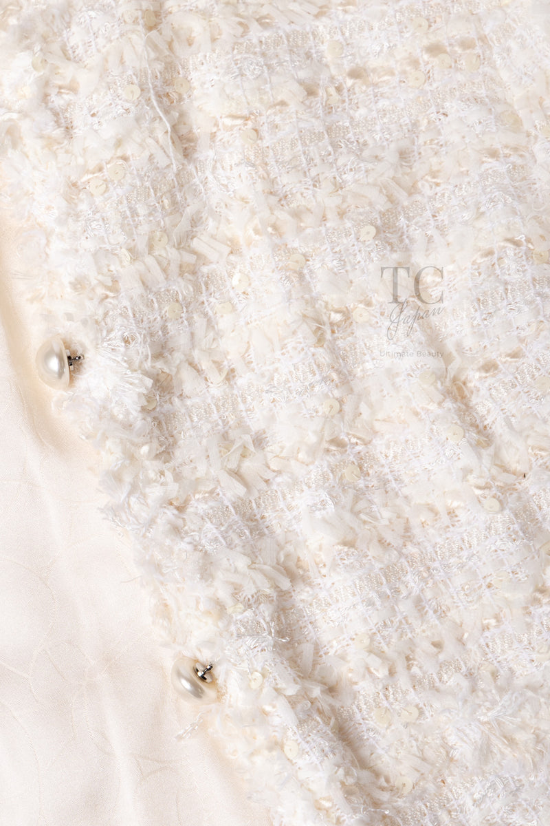 CHANEL 05S Ivory White Pearl Buttons Lesage Tweed Jacket Skirt Suit 40 42 シャネル アイボリー ホワイト パール CC ボタン ルサージュ ツイード ジャケット スカート スーツ 即発