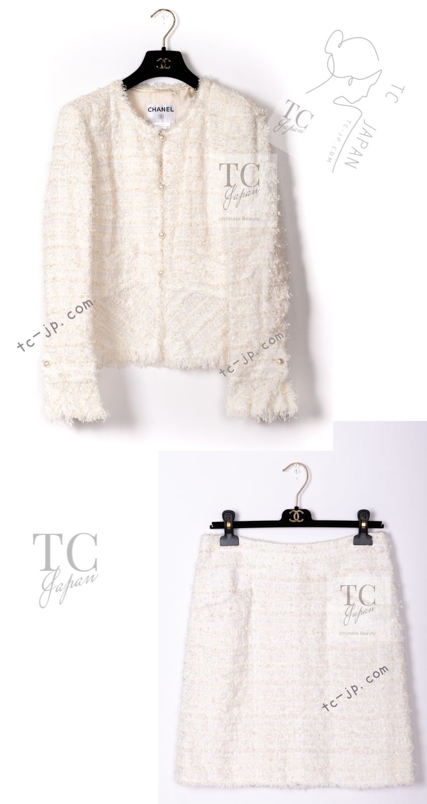CHANEL 05S Ivory White Pearl Buttons Lesage Tweed Jacket Skirt Suit 36 40 42 シャネル アイボリー ホワイト パール CC ボタン ルサージュ ツイード ジャケット スカート スーツ 即発