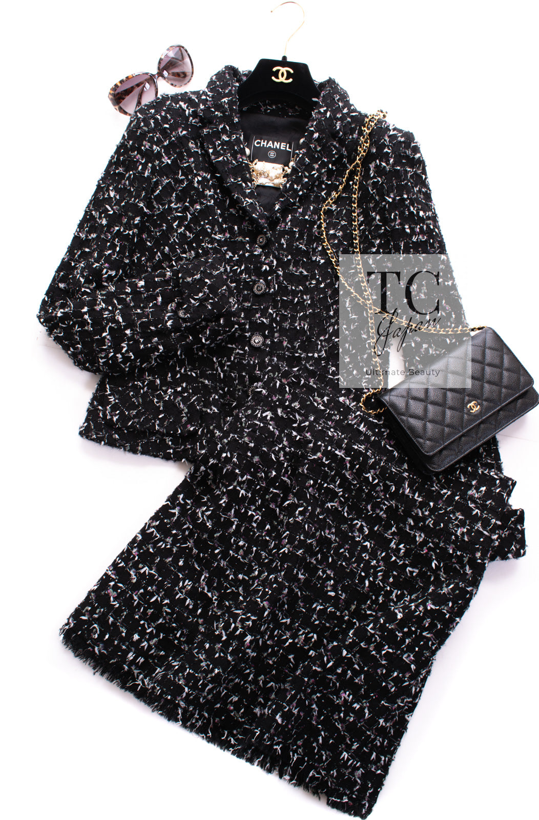 CHANEL 06A Black Purple Wool Cotton Mohair Tweed Jacket Skirt Suit 38 3