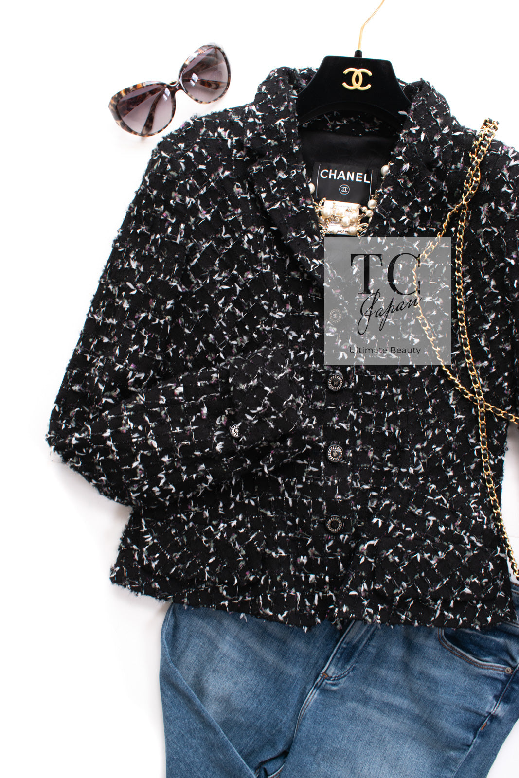 シャネル ジャケット スーツ CHANEL ブラック パープル ウール